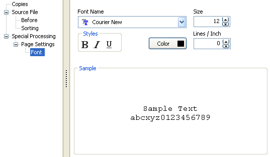 Print parameter properties dialog. Font, under page settings, is selected from the tree on the left. On the right, you can set your font, font size, font color, and font style.